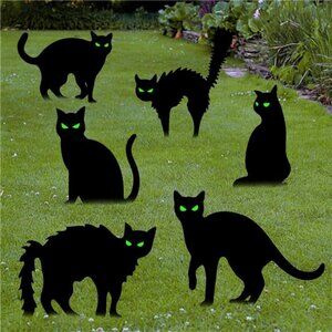 6 Pack Black Cat Yard Signs Halloween Decor with 12 Metal Stakes, Scary Black
